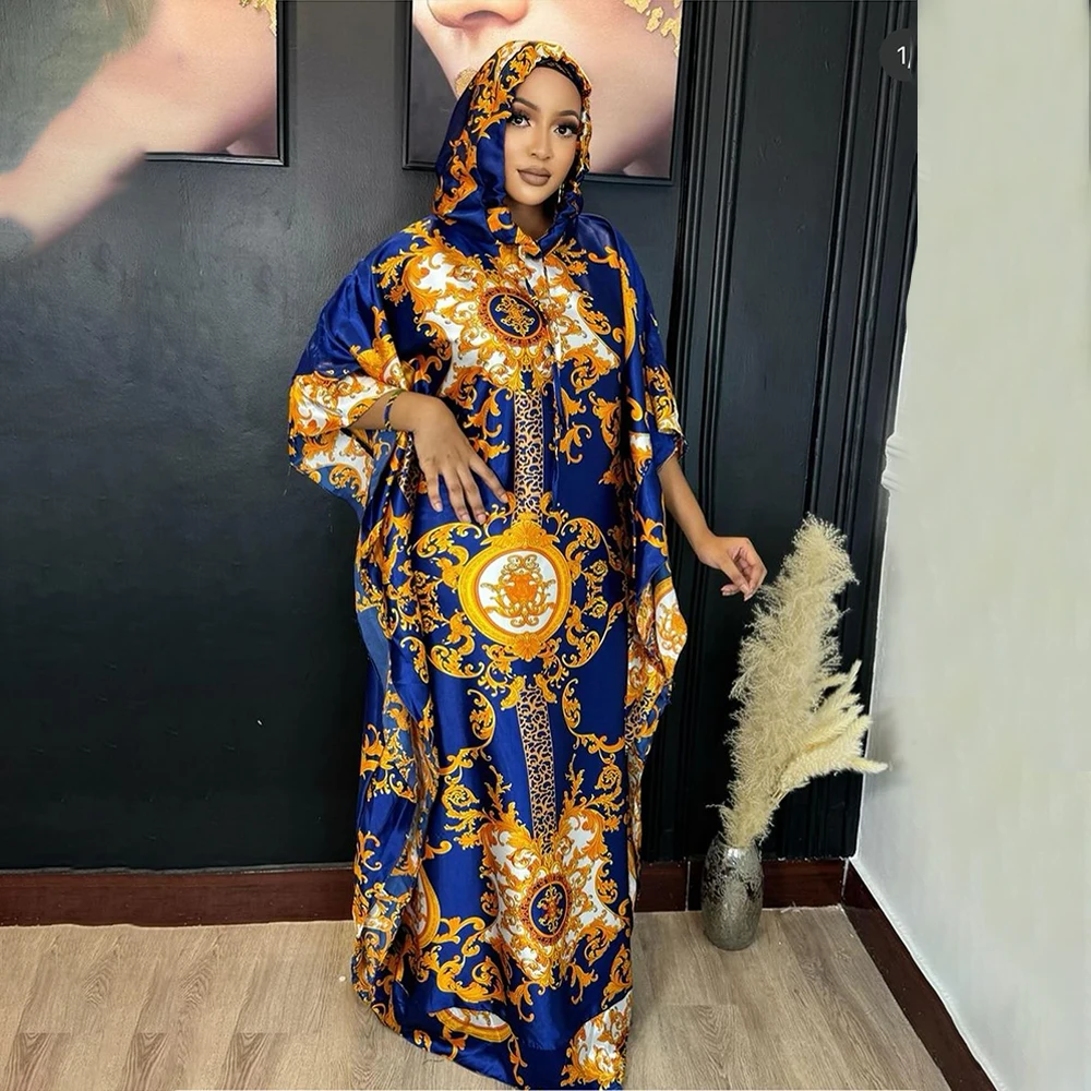 Elegant African Dresses for Women Muslim Fashion Print Boubou Dashiki Ankara Outfit Evening Gown Abayas Kaftan Hooded Robe 2024