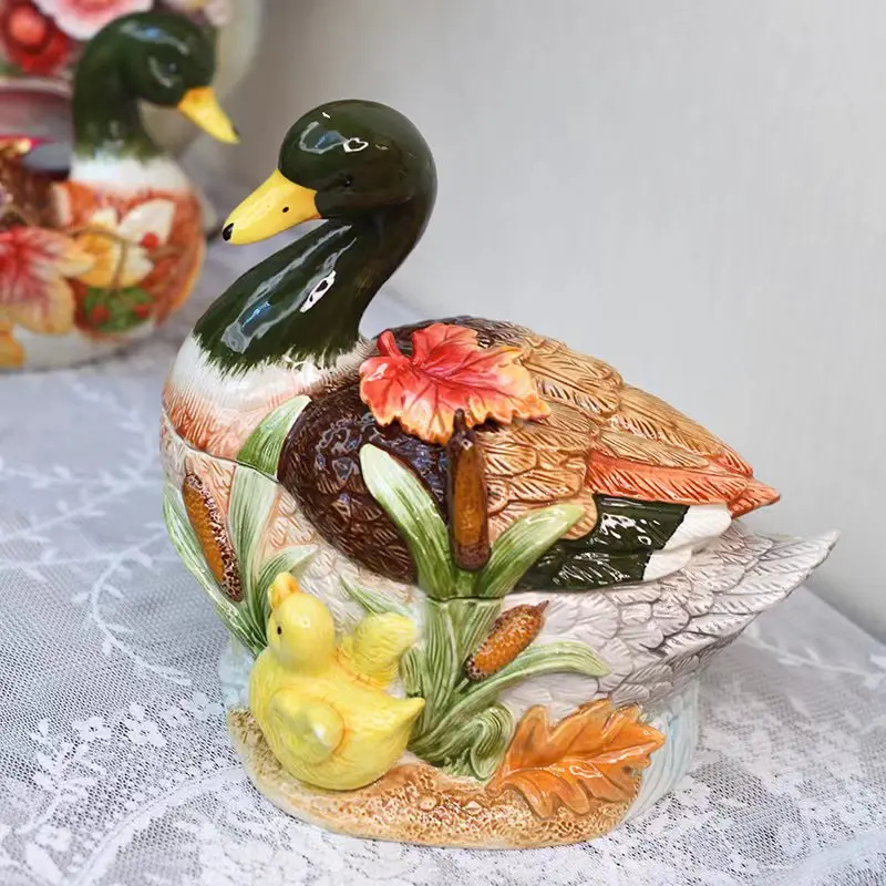 Ceramic Duck Candy Storage Jar, Home Decor, Living Room Tea Biscuit Jar, Dried Fruit Jar, Animal Kitchen Food Container Gift