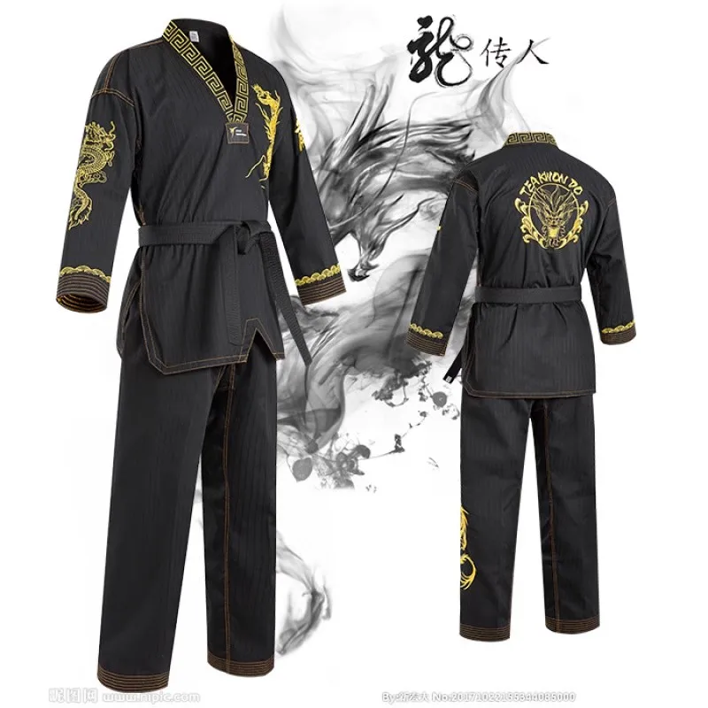 High Quality Taekwondo Uniform Black WT Dobok Tae Kwon Do MMA Martial Arts Karate Suits Embroidered Dragon Pattern