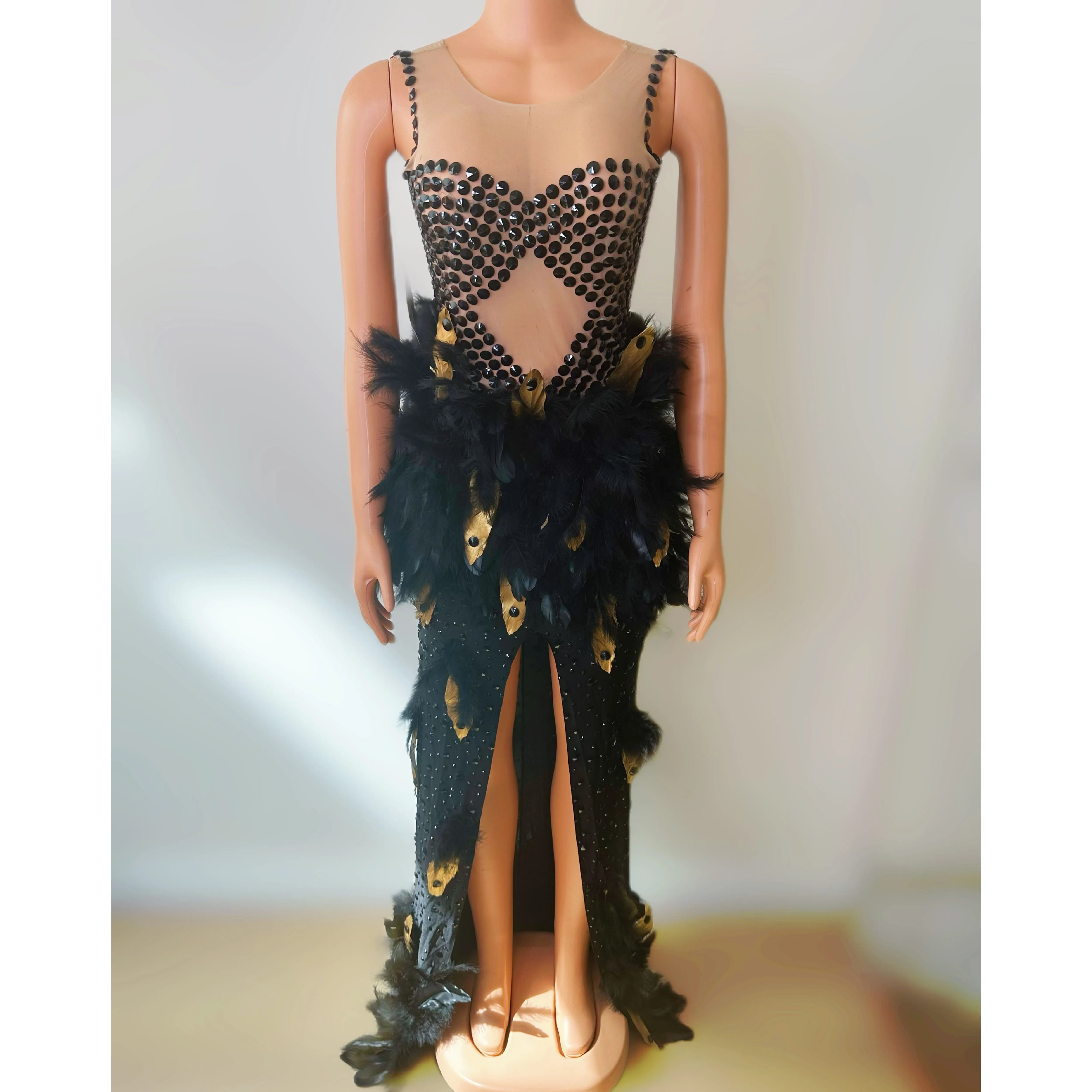 2025 strass gogo dança traje feminino festival vestido de festa alta fenda vestidos longos com penas luxo feminino vestido elegante