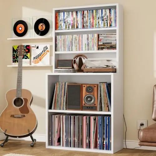 CD Storage Rack, 5-Tier DVD Organizer Shelf with Record Player Stand, Media Cabinet for CDs, DVDs, Albums, Books &