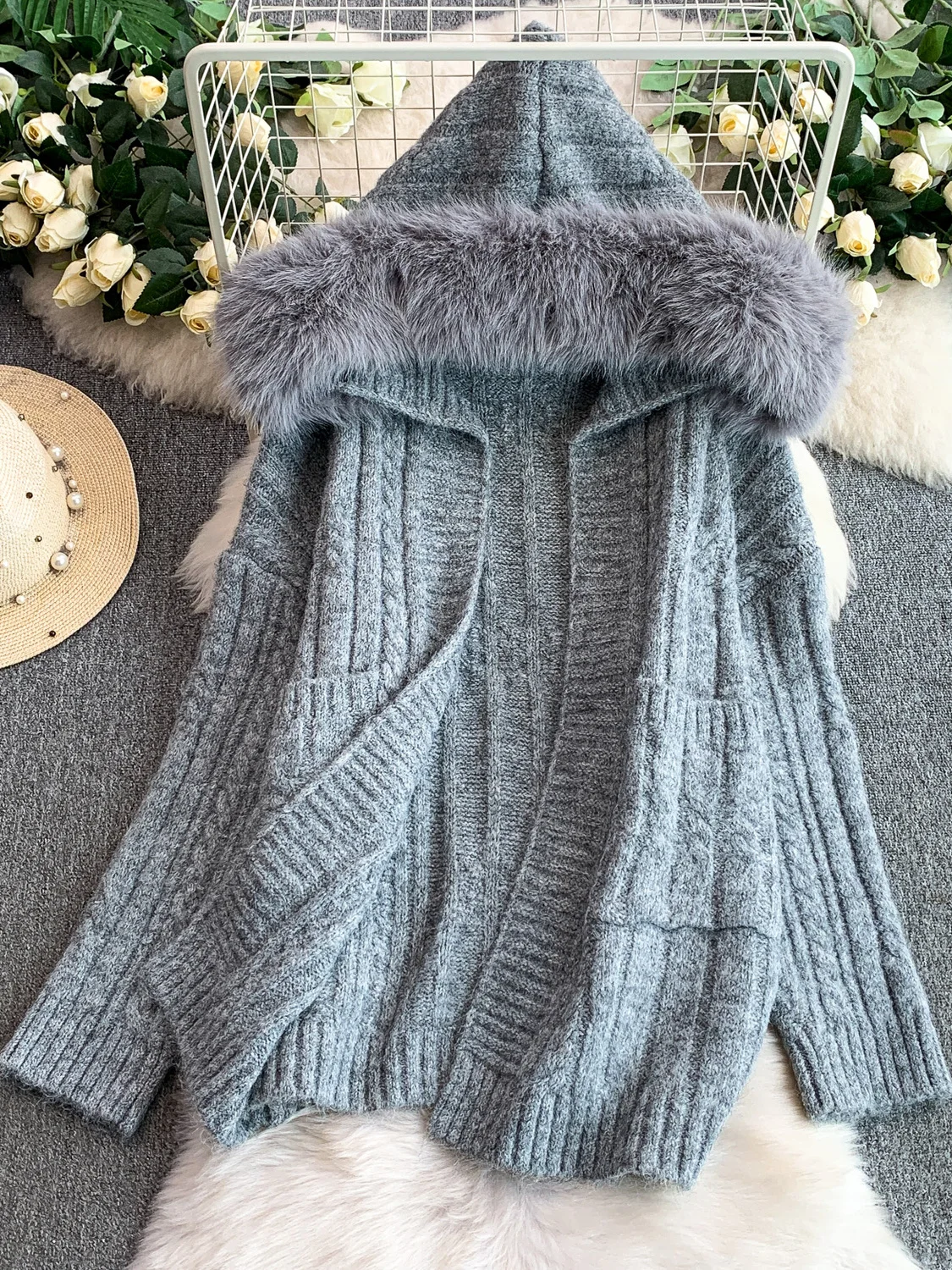 Thiened Zware Werk Bontkraag Open Vest Gebreide Trui Dames Winter Lui Sle Warme Pluizige Lange Sve Jas