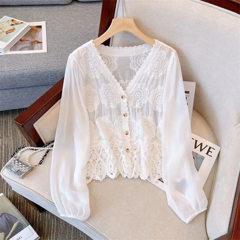 Women Korean Lace Flare Long Sleeve Blouse V-Neck Button Down Cropped Cardigan Hollow Crochet Floral Thin Shirts 2024 New N872