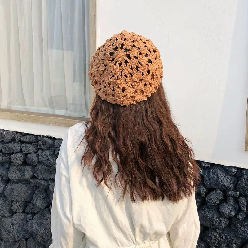 Hollow Breathable Knitting Beret caps for Women Spring Summer Handmade Hook Flower Design Artist Hat Fashion Mushroom Hat