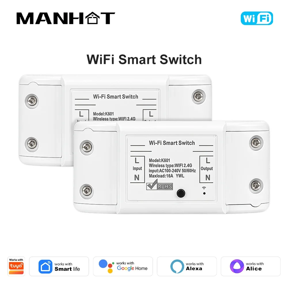 Manhot Smart WiFi Switch Mini DIY Interruptor 16A Smart Life Wireless App Control Works With Tuya Alexa Google Home Yandex Alice