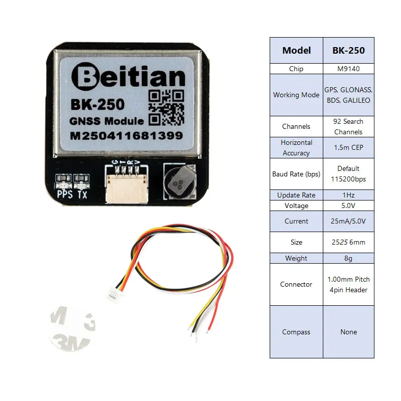 Beitian BK-250 Modulo GNSS ultracompatto Chip M9140 GPS a 4 sistemi/GLONASS/BDS/Galileo Cavo CEP 1.0-4P da 1,5 m per droni/veicoli
