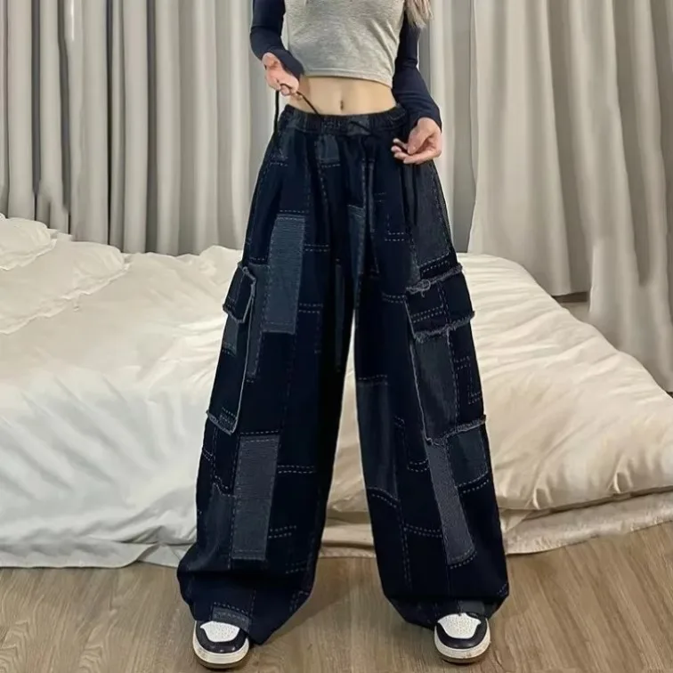 American Vintage Washed Street Jeans for Women Y2k Grunge Loose Wide Leg Pants 2024 Spring New Blue Straight Trousers