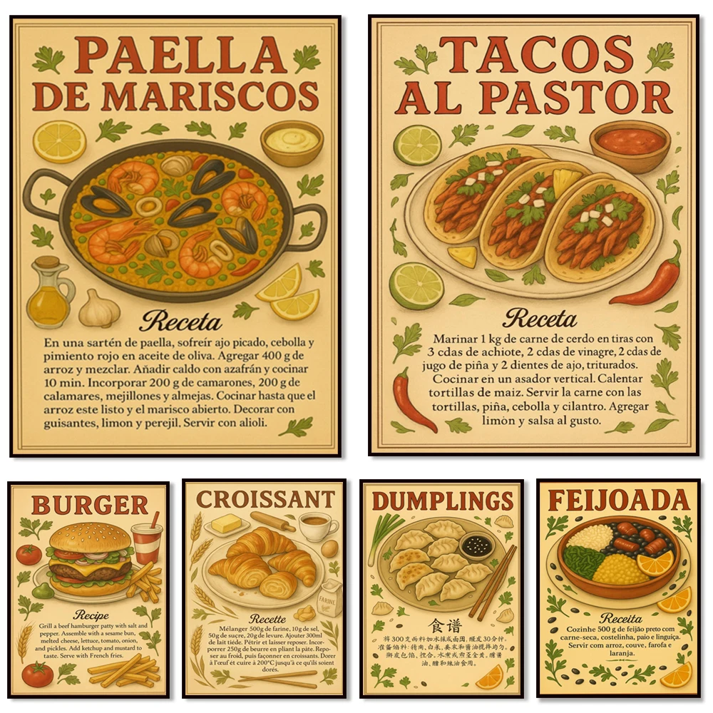 Sushi japonés, pizza, hamburguesa, croissant, bola de masa, paella, cartel de comida brasileña, cocina asiática, ilustración de receta rústica