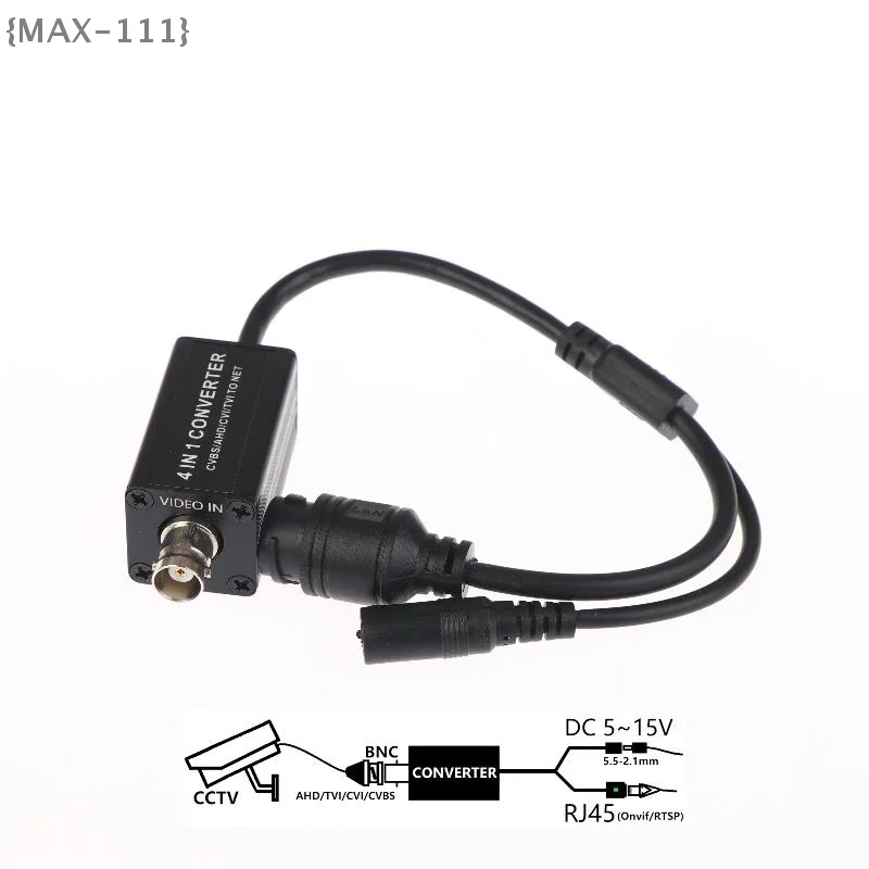 

【F-MAX111】Конвертер сигналов AHD/TVI/CVI/CVBS 4-в-1, выход RJ45, вход BNC, DC 5-15 В, адаптер H.265 RTSP для систем видеонаблюдения