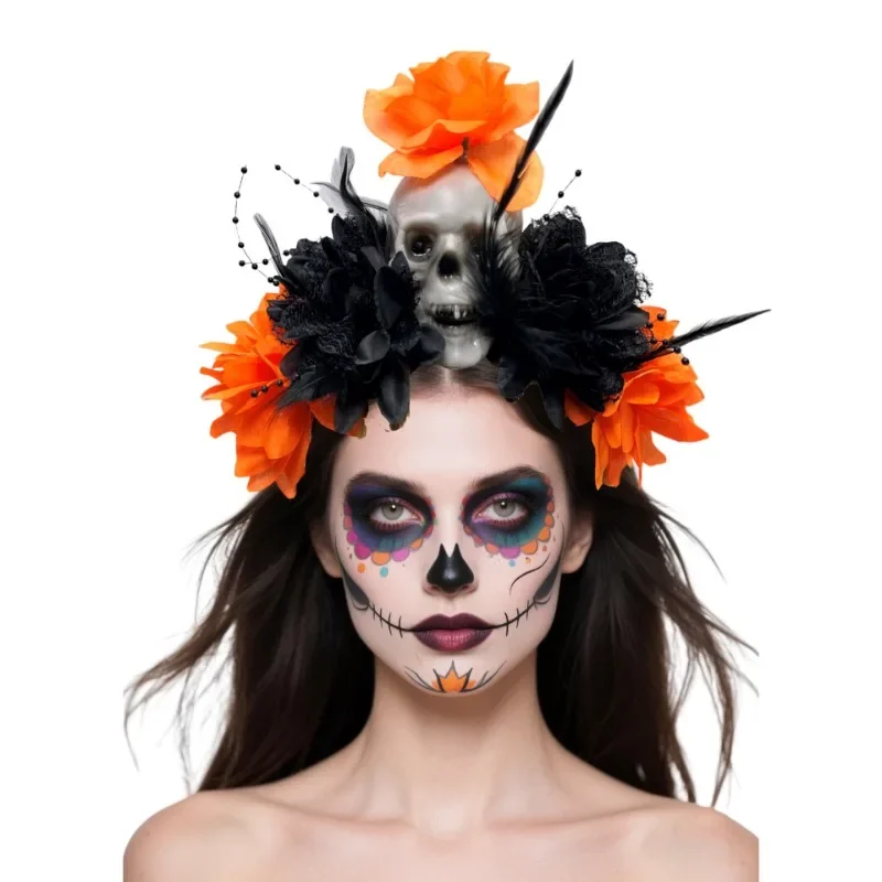 

Day of The Dead Costume Headband For Women, Dia De Los Muertos, With Sugar Skull and Flowers, Halloween, One Size Fits Most