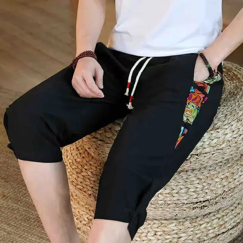 

Men's Chinese Style Harem Cropped Pants Embroidery Casual Loose Summer Trousers