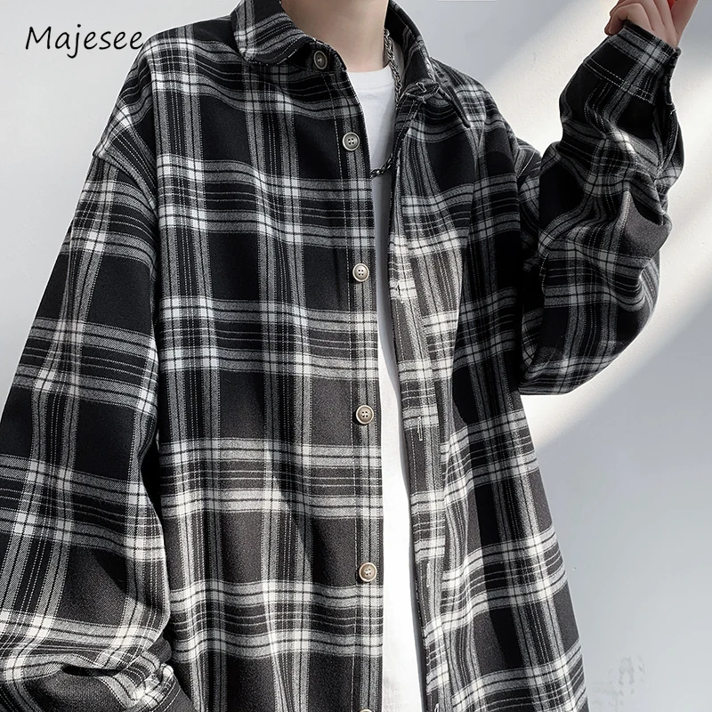 Mens Jakcet Casual Baggy All-match Retro Spring Plaid Turn-down Collar Streetwear Advanced Teenagers American Style Vintage Soft