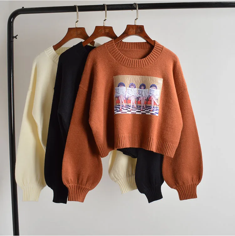 

Высококачественный вязаный свитер Embellied Thi ort Bubble Sve Lazy Sle, женский топ, модный свободный эффект похудения