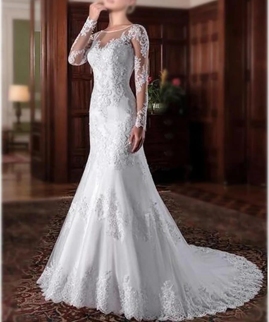 Mermaid Wedding Dress 2024 Illusion Back Vestido De Noiva Long Sleeve Beads O-Neck Lace Appliques Bride Bridal Gown