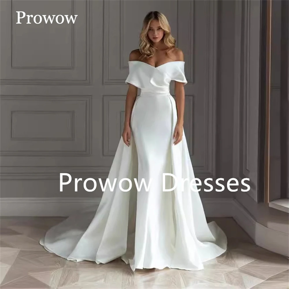 

Prowow Elegant Off Shoulder Ivory Mermaid Wedding Dress Floor Length Pleats Satin Bridal Gown With Detachable Train Customized