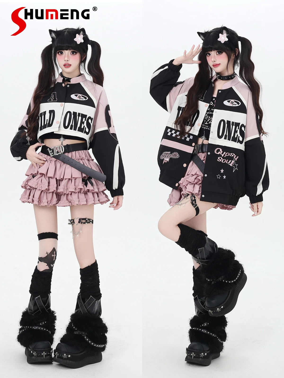 

Original Fashion Retro Streetwear Girls Motorcycle Baseball Jacket Long Sleeve Letter Embroidery Removable Jackets For Women