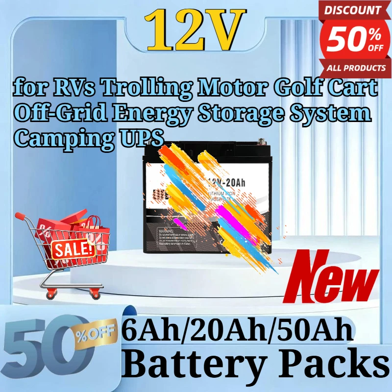 12V 6Ah/20Ah/50Ah Replacement Solar LiFePO4 Battery for RVs Trolling Motor Golf Cart Off-Grid Energy Storage System Camping UPS