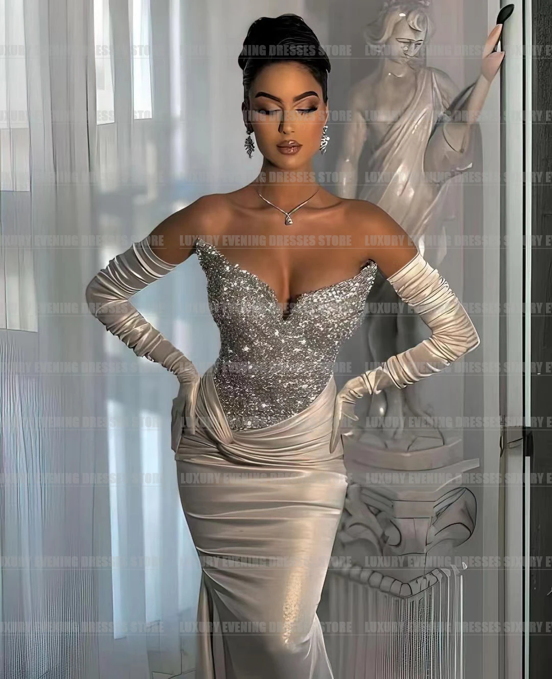 Luxury Woman's Sequined Evening Dresses Mermaid V Neck Sexy Smooth Satin Sleeveless Prom Gowns Customized Gloveless فساتين سهرة