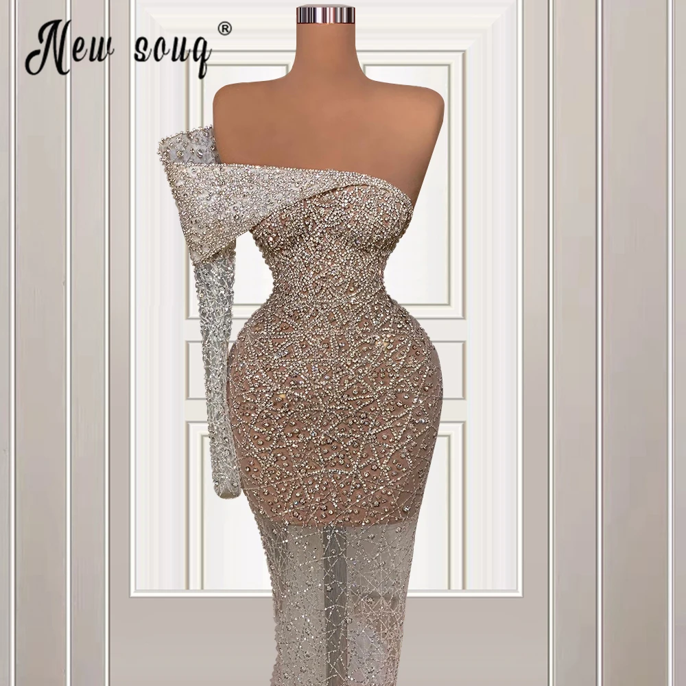 Sparkly Mermaid Avondjurk Dubai Een Schouder Sexy Prom Jassen Voor Vrouwen Wedding Party 2023 Luxe Kralen Robe De Mariee