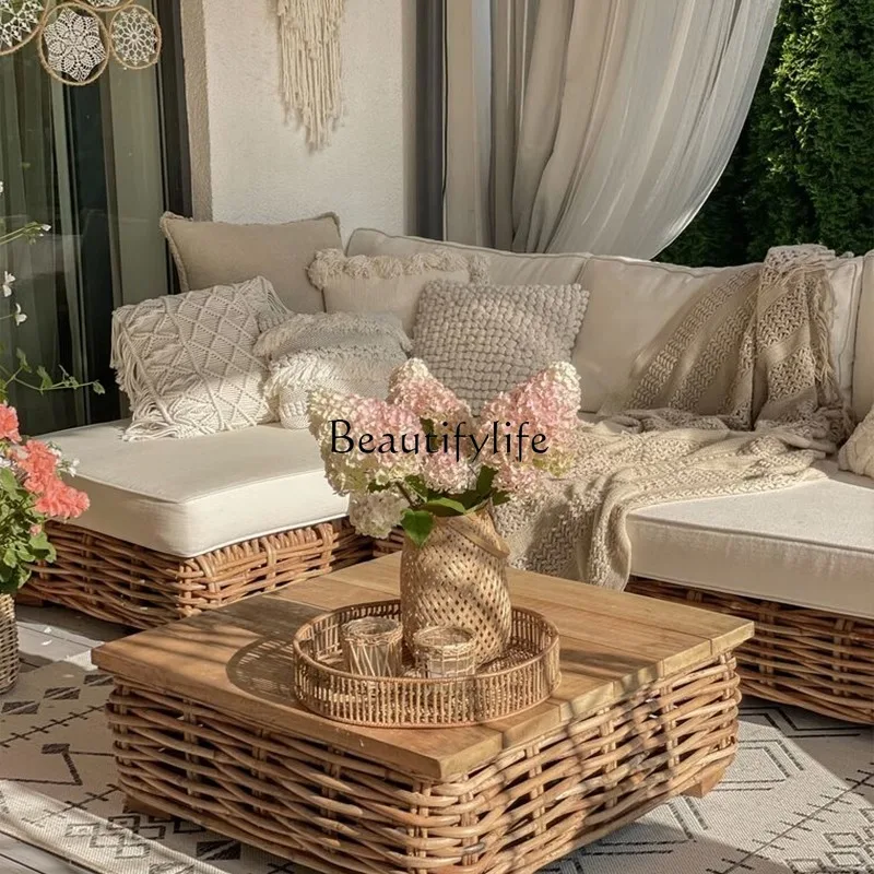 Outdoor Rattan Sofa Courtyard Garden Leisure Rattan Chair Tea Table