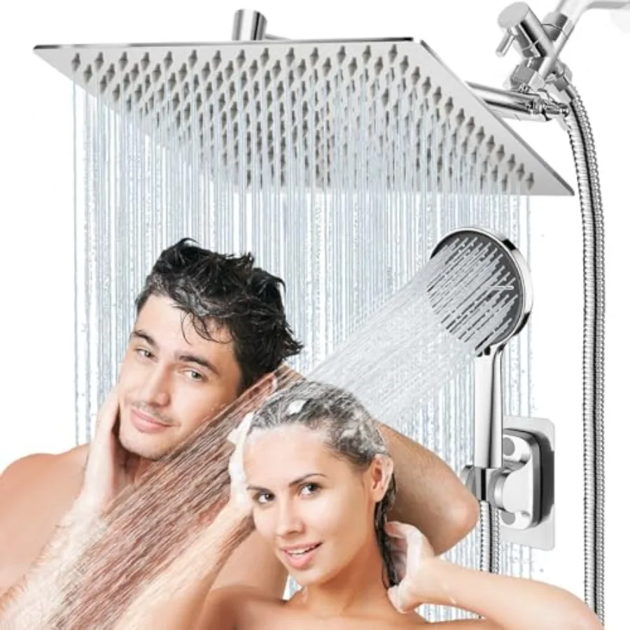 

12 Inch Rain Shower HeadHigh Pressure Rainfall and Handheld Shower Combo - Dual Shower Heads with 5 Spray Modes Adjustable 11"