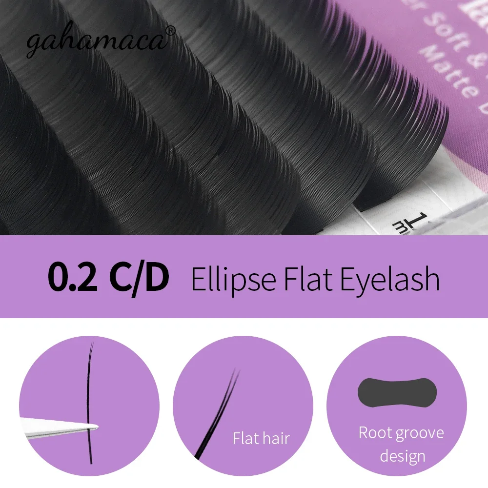 GAHAMACA Flat Lashes Extension For Professionals Ellipse Flat Lash Split Tip profession Soft Silk Flat Eyelash C/D Curl