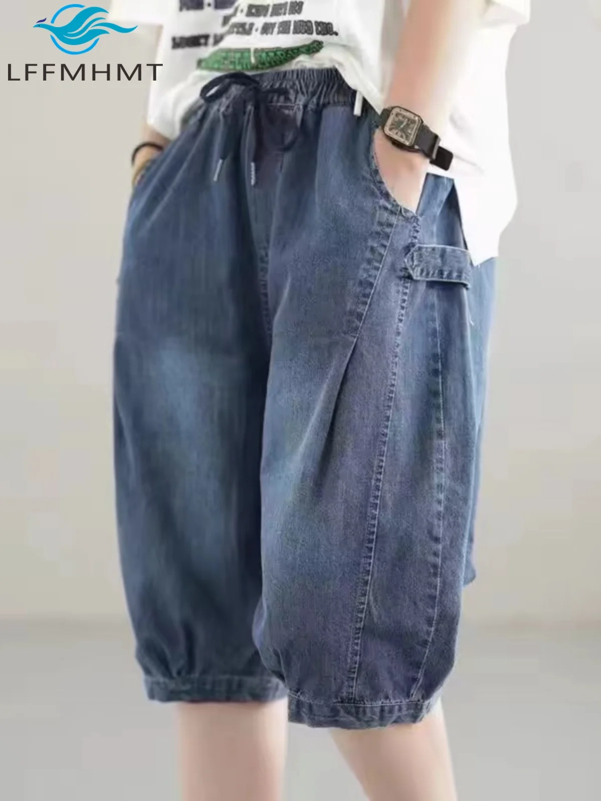 

Women's Vinage Shorts Summer Fashion Elastic Waist Solid Color Big Pocket Streetwear Female Loose Casual Blue Half Length Pants