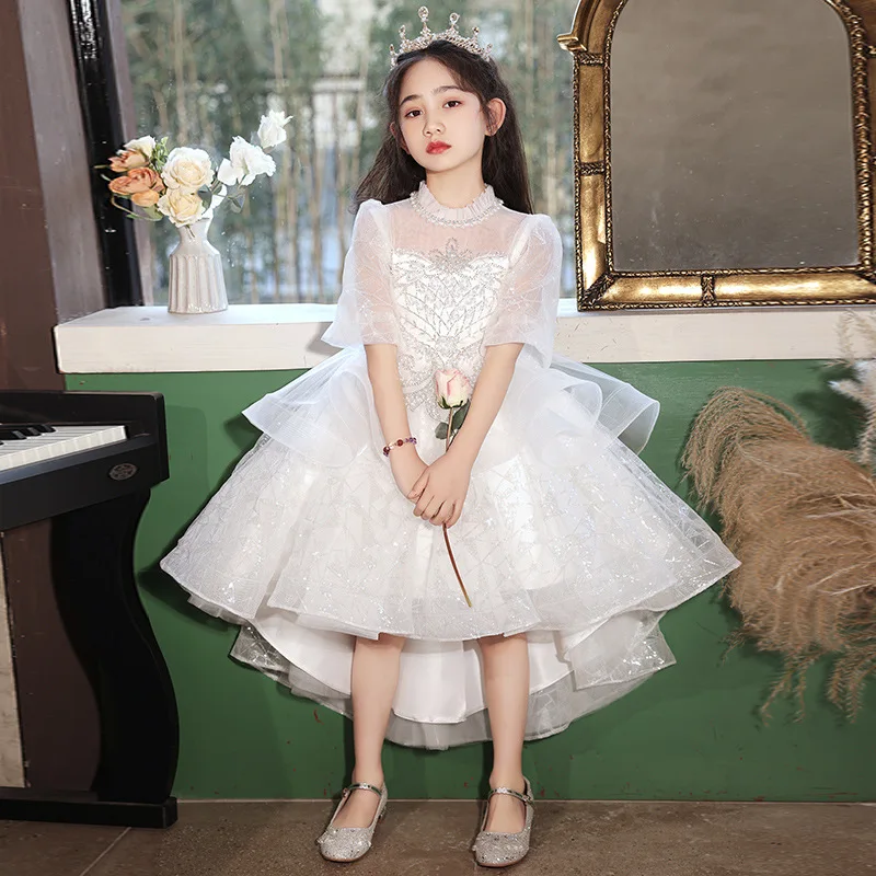 

2024 Vintage Sequined Girls Dress White Tulle Bridesmaid Clothing for Wedding Front Low and Back High Ball Dress Pageant Gown