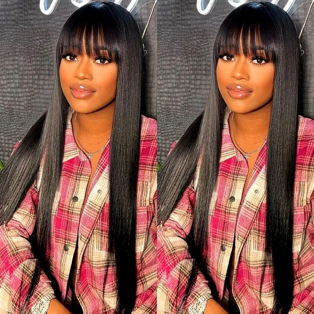 Full Machine Made Bone Straight Human Hair Wig With Bangs 220 Density 30 Inch Brazilian 3x1 Middle Part Wig Human Hair Natural Baby Hair image 5