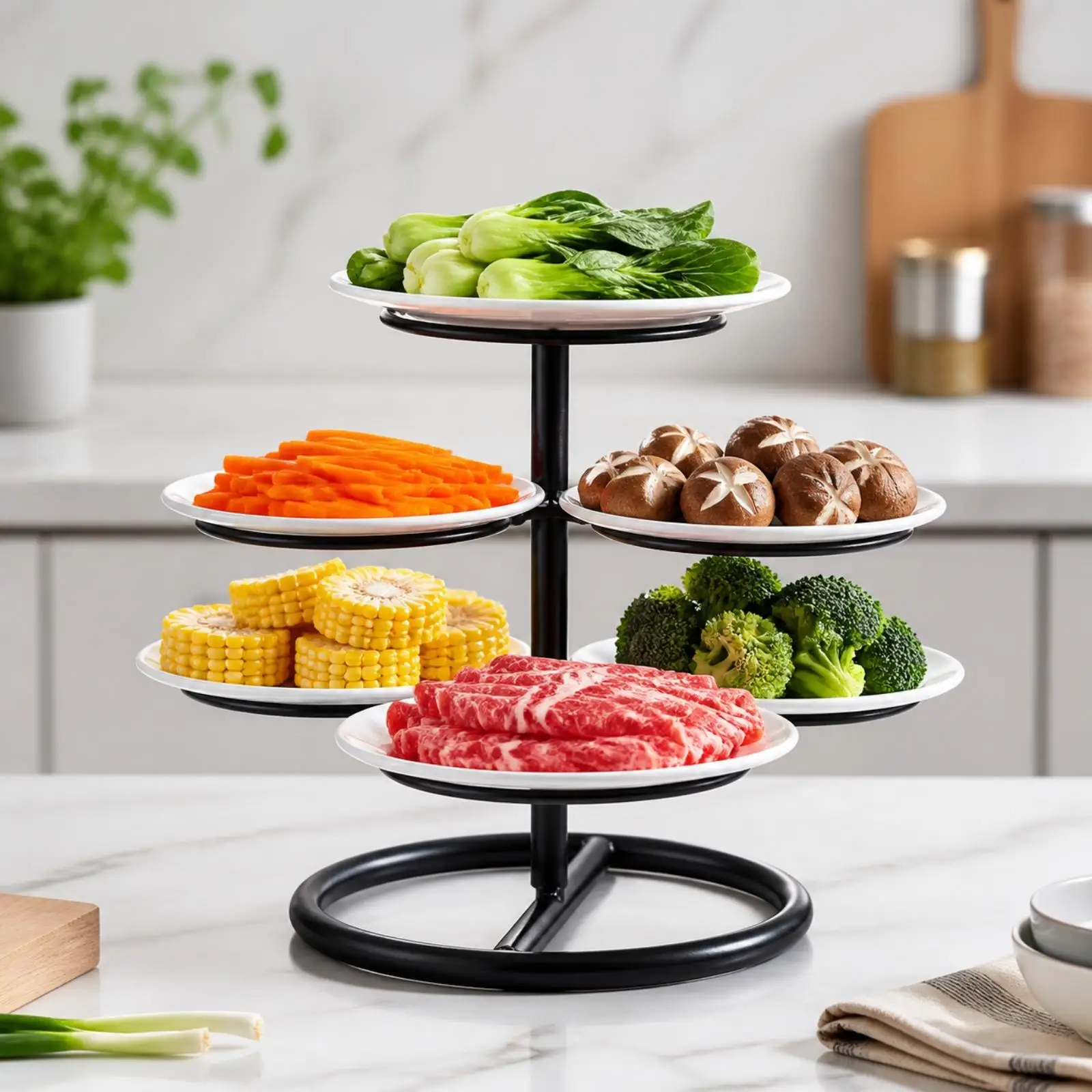 Decorative Kitchen Serving Rack Multi Circular Plate Supports Arranged Heights for Clear Layered Presentation of Dishes