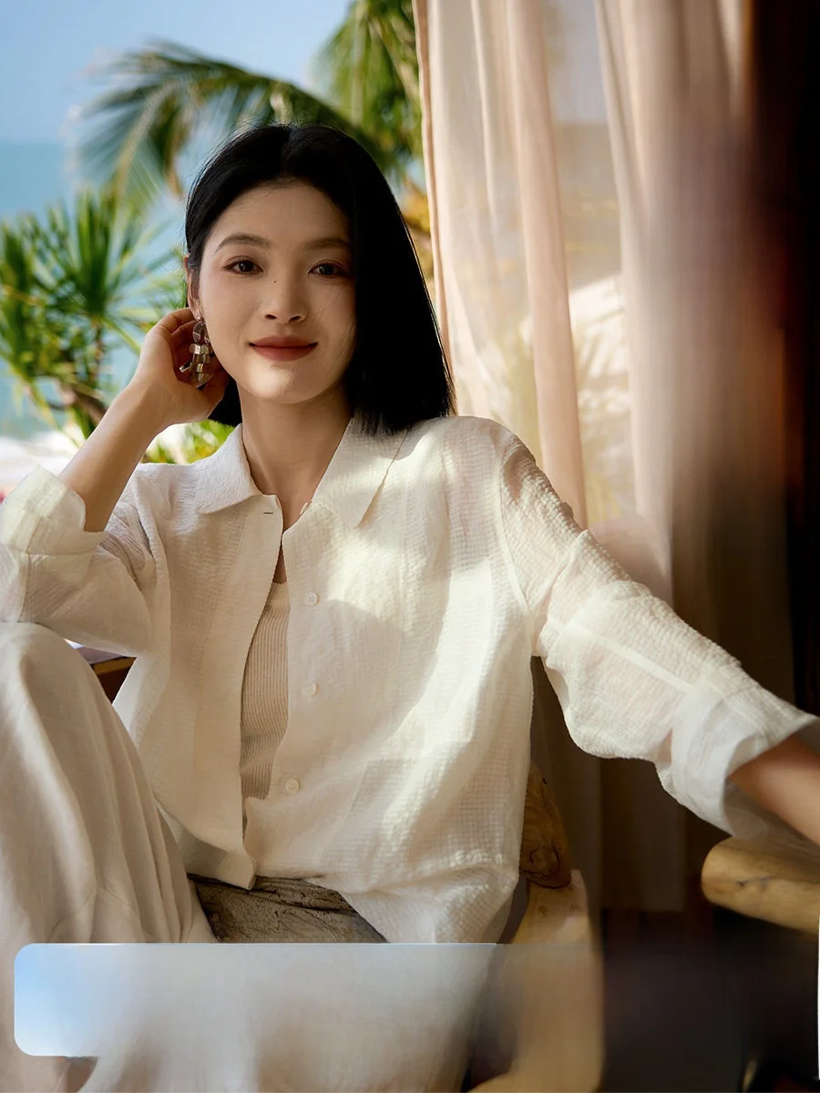 

Artistic Style Loose Fit Long Sleeve Silk Linen Blouse Translucent Casual Shirt Women's Fashion Spring New Arrival