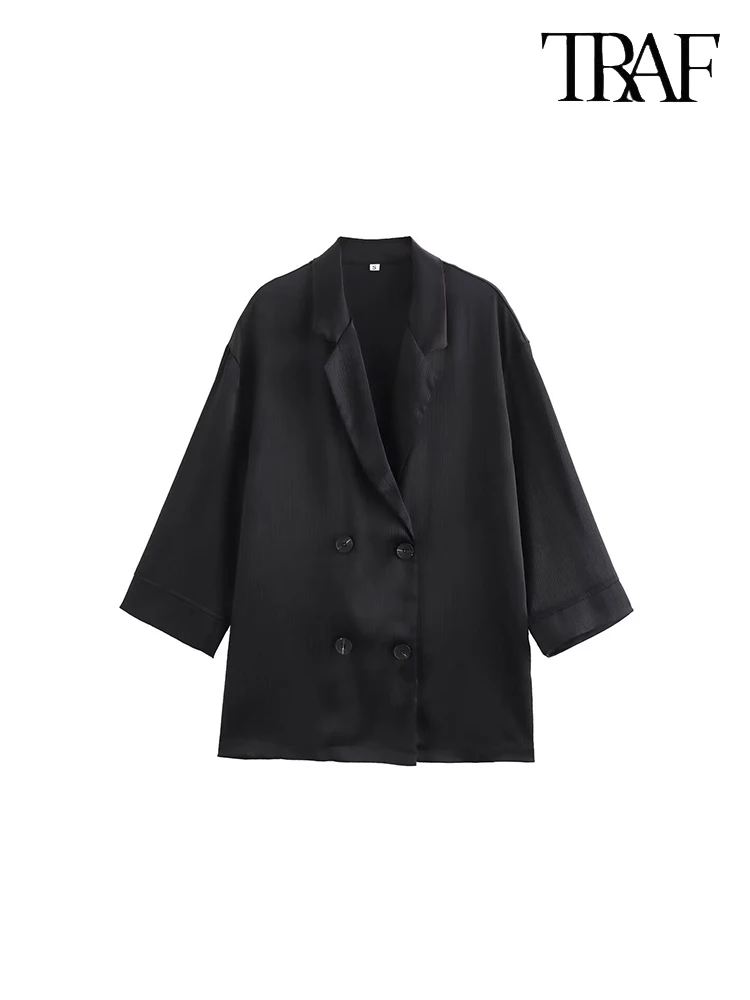 TRAF Women Temperament Commuter Style Casual Suit Double Breasted Lapel Long Sleeve Jacket High Waist Pleated Wide Leg Pants Suit Two Piece Urban