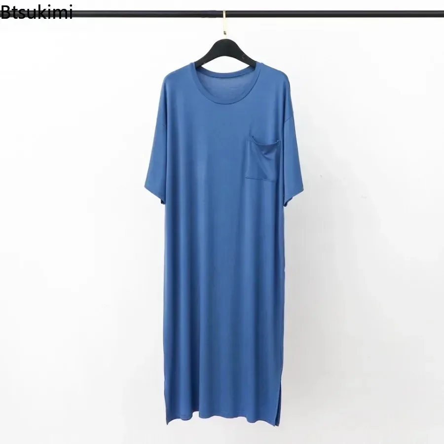 New Men's Pajamas Robes Summer Modal Nightgowns Short Sleeve Soft Breathable Bathrobe Men's Loose Mid-long Knee Length Homewear