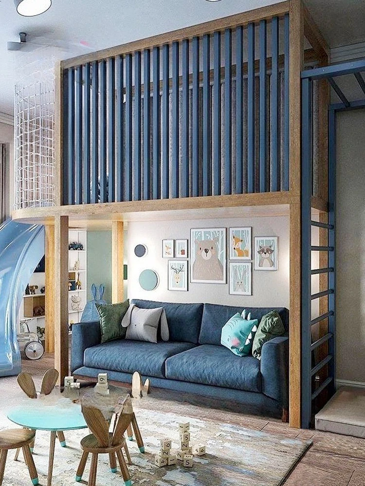 Dom zabaw do pokoju dziecięcego, łóżko z zakrzywioną zjeżdżalnią, sofa pod łóżko