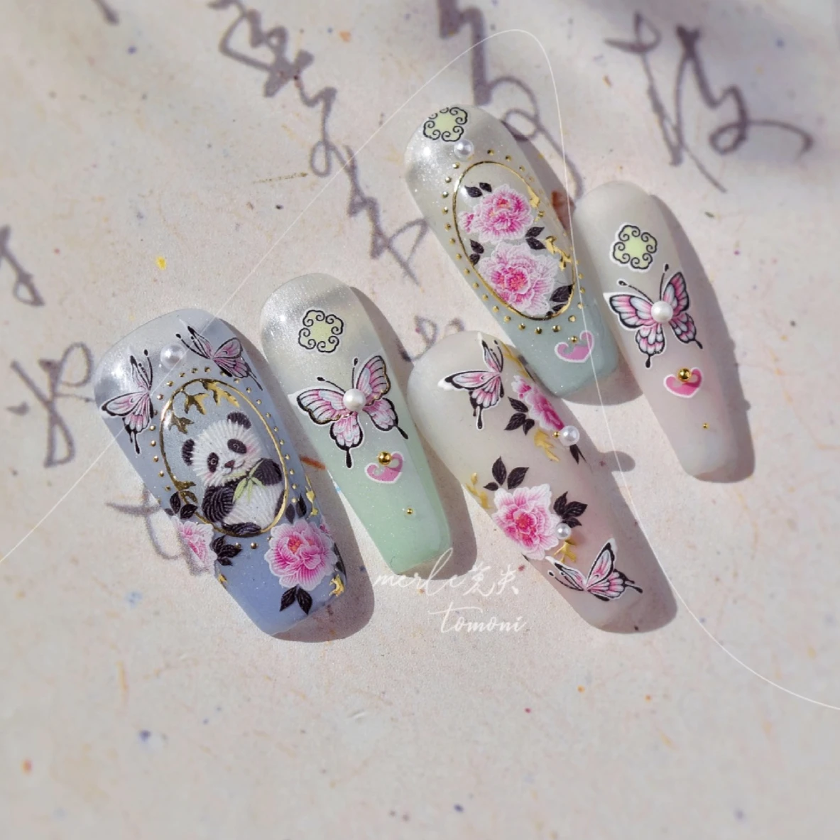 Panda Bamboo Butterfly Pattern Totem Figure Peony Flower Love Heart Adhesive Nail Art Stickers Embroidery Pearl Manicure Decals