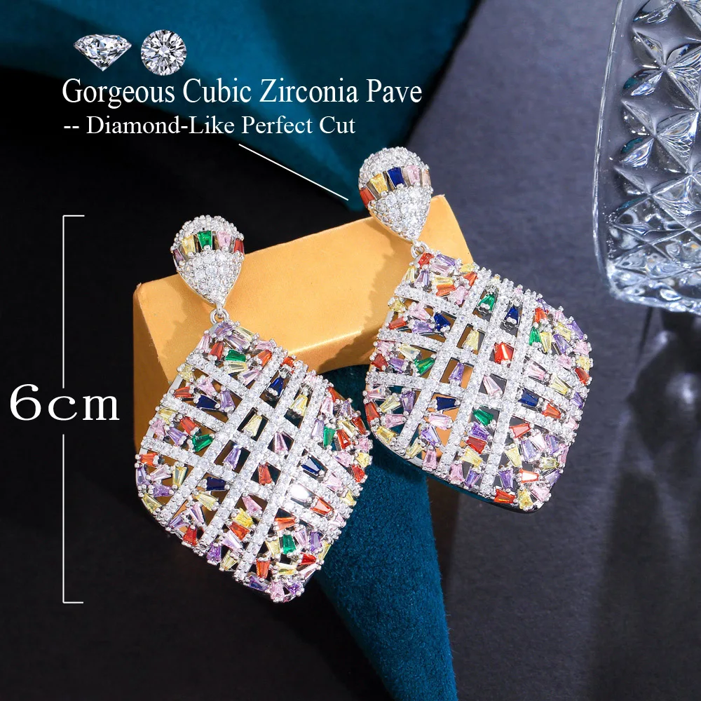 CWWZircons Fancy Cross Line Colorful Heavy Cubic Zirconia Stone Pave Luxury Big Rhombic Drop Engagement Earrings for Women CZ539