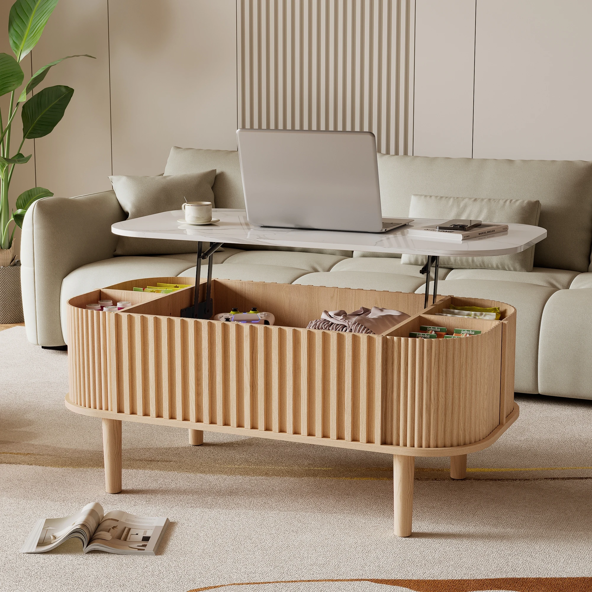 40" Lift Top Coffee Table with Storage, Faux Marble Tabletop & Solid Rubber Wood Legs, Mid-Century Modern Lift-Up Coffee Table f