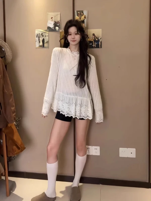 

plus Size Lace Trim Long Sve Base irt Pure Desire Sle Inner Wear Bot irt Korean Version Loose Fit Autumn Design