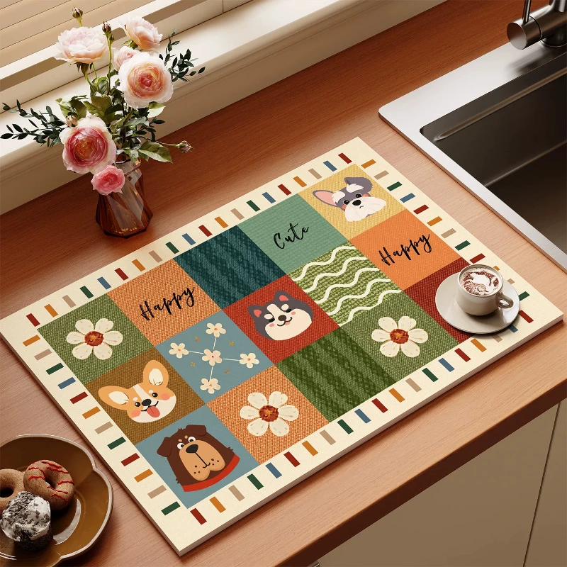 VIKAMA Vintage Fish Floral Kitchen Mat for Sink Counter Drainage Drying Pad Table Placemat Washable Aesthetic Home Decor