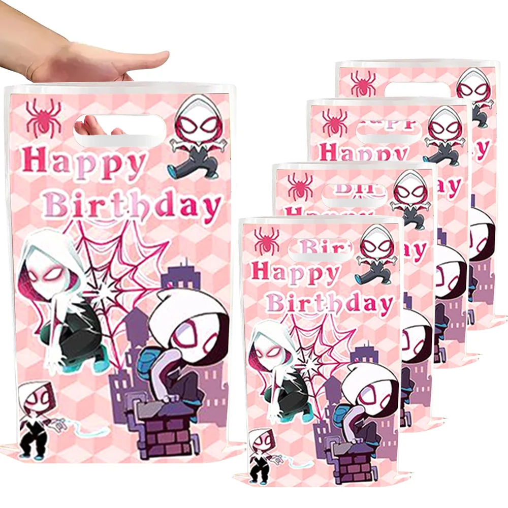 10/50 unidades de bolsas de regalo para fiesta de cumpleaños de Spider-Man Gwen para mujer, bolsa de dulces sorpresa con tema de araña rosa, bolsa de regalo de botín para niños, recuerdos de fiesta