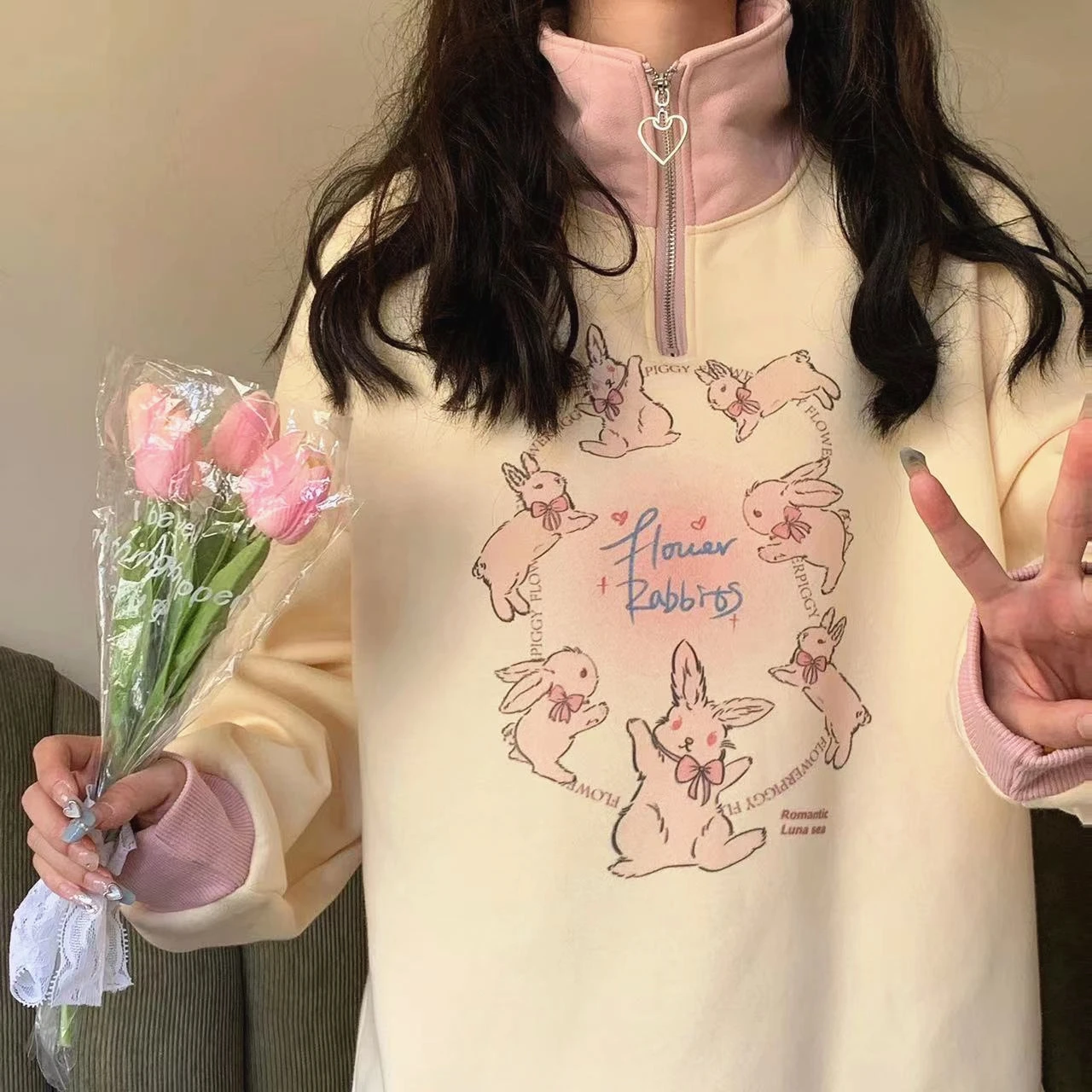 Y2K Vintage Cartoon Rabbit Bunny Preppy Pullover Half Zipper POLO Collar Sweatshirt Harajuku Kawaii Girls Thicken Winter Clothes