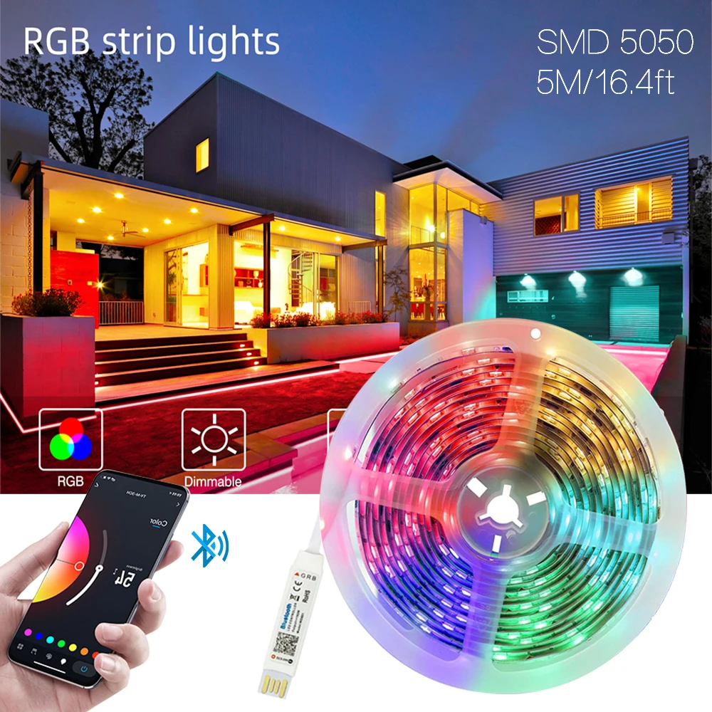 16.4ft (5M) TV Blacklight Computer Desk Iuces Fita LED Bluetooth Control Flexible Lamp 5V RGB 5050 Tape Ribbon For Room Festival