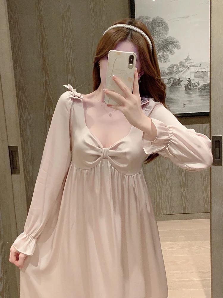 2024 ชุดนอนเซ็กซี่ผู้หญิงภาษาฝรั่งเศสคํา Vintage Court หลวม Nightgown โบว์หวานชุดนอน