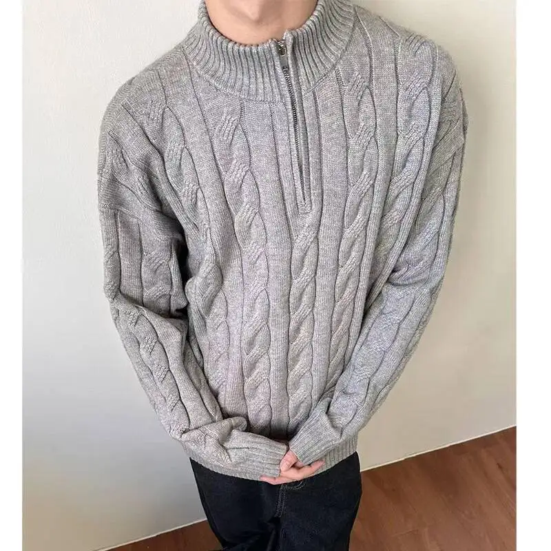

Man Knitting Base Layer 2026 Spring New Retro Lazy Sweater Half Zip Cable Knit Unisex Teen Couples Inner Wear Knit Top