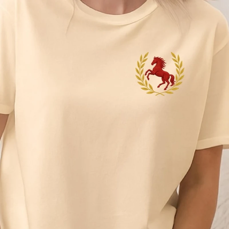 Red Fire Horse Embroidered Feng Shui Lucky Symbol Zodiac Energy Spiritual Minimalist Good Vibes Gift Crewneck Simple Casual Tee