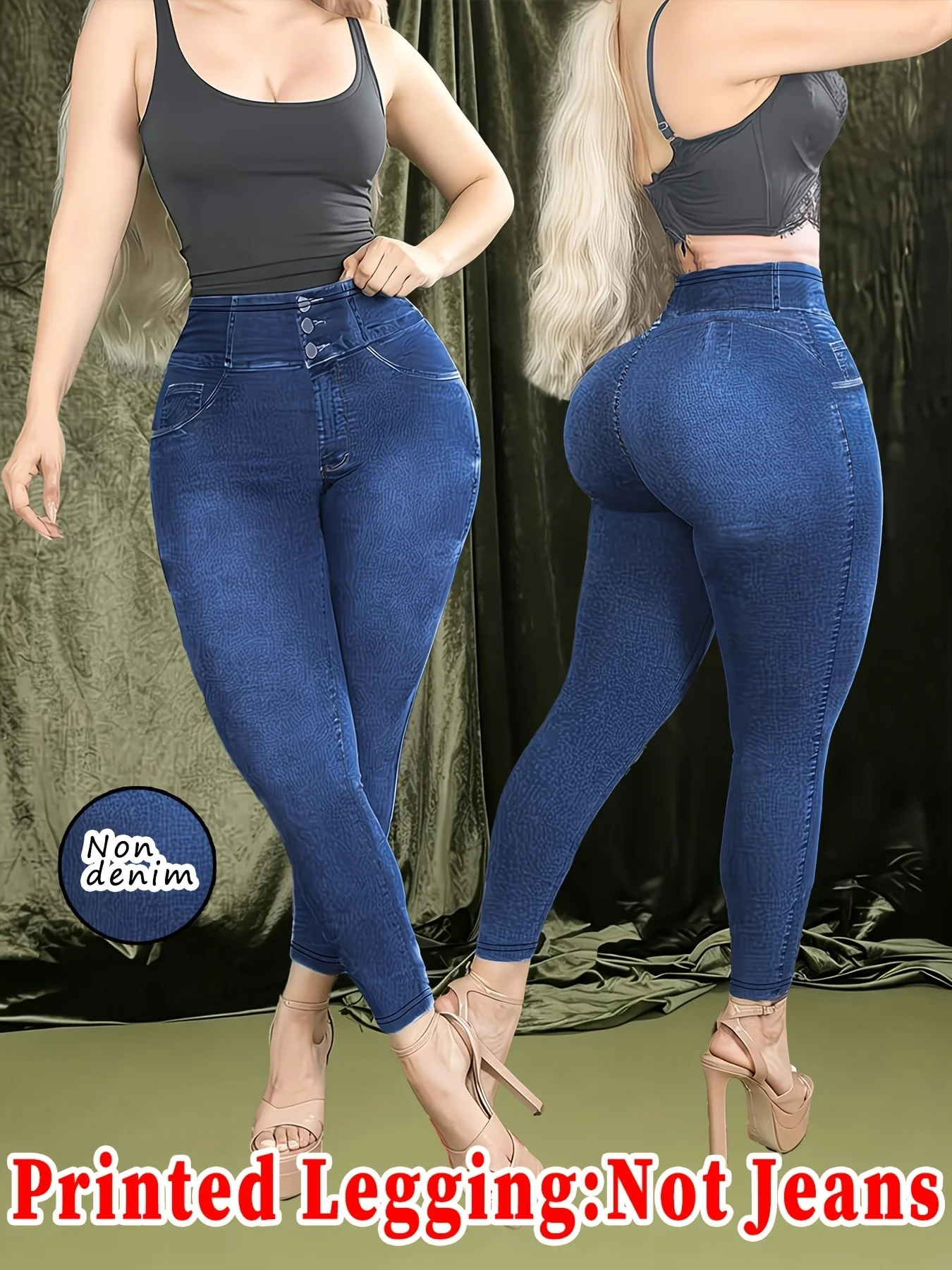 Printed Legging‑Not Denim Fabric All‑over Faux‑Denim Printed Long Pants with Faux Pocket and Button Print Details. New‑Arrival