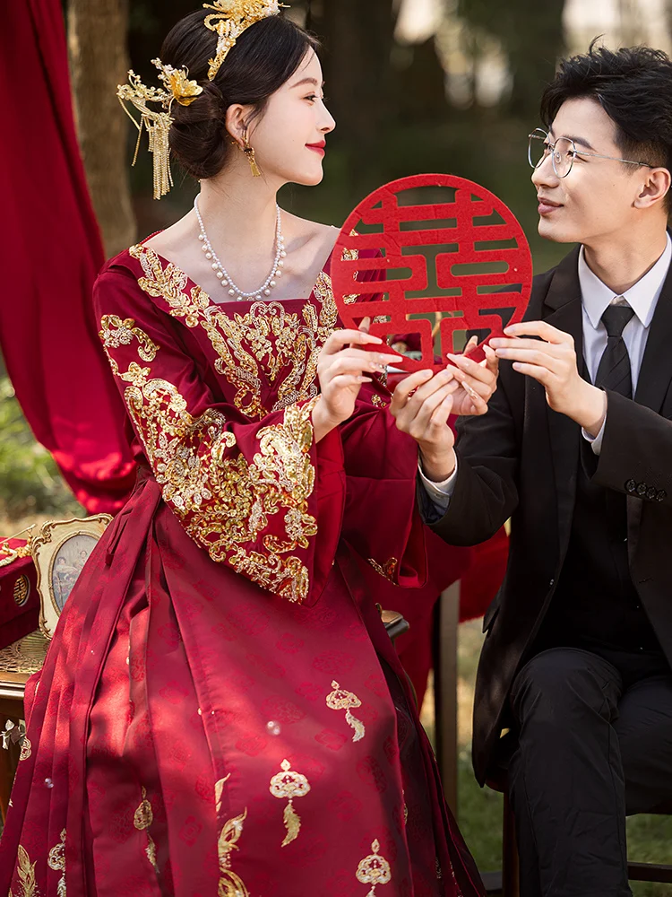 

Ele Chinese Sle Wedding Dr New 2025 Women's Hanfu Suit Marriage Engagement Ceremony Long Sve Floor Length Gown