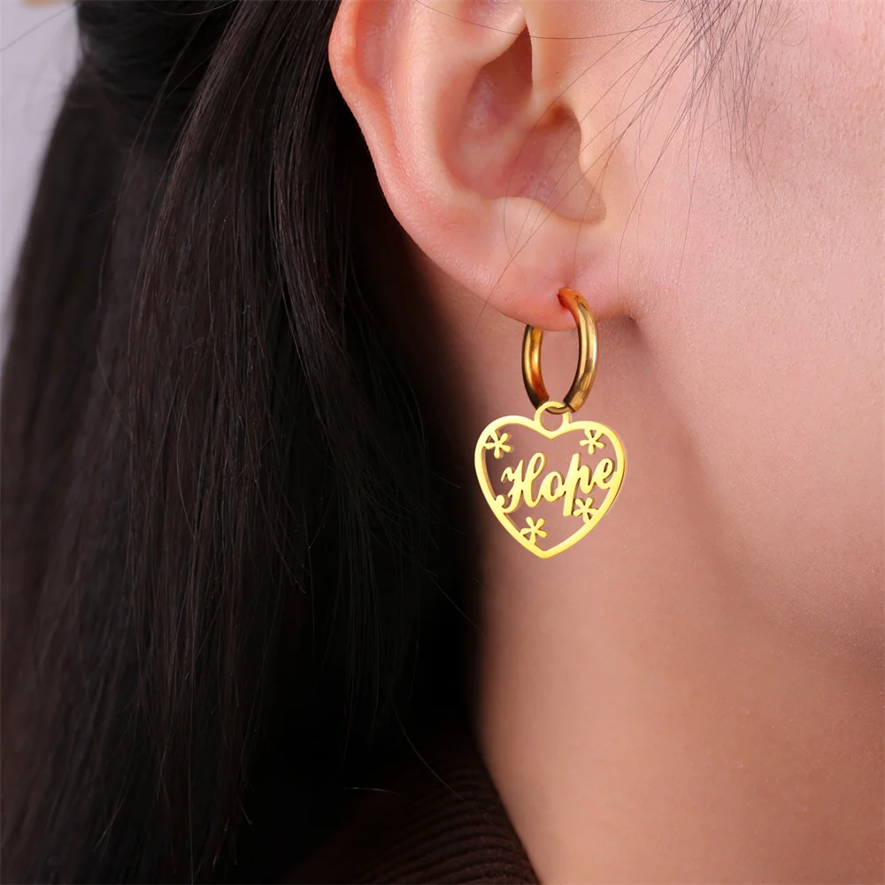 Stainless Steel Hoop Earrings for Women Girls Heart Shape Love Hope Dream Drop Earrings Fashion Charms Jewelry Gifts Wholesale