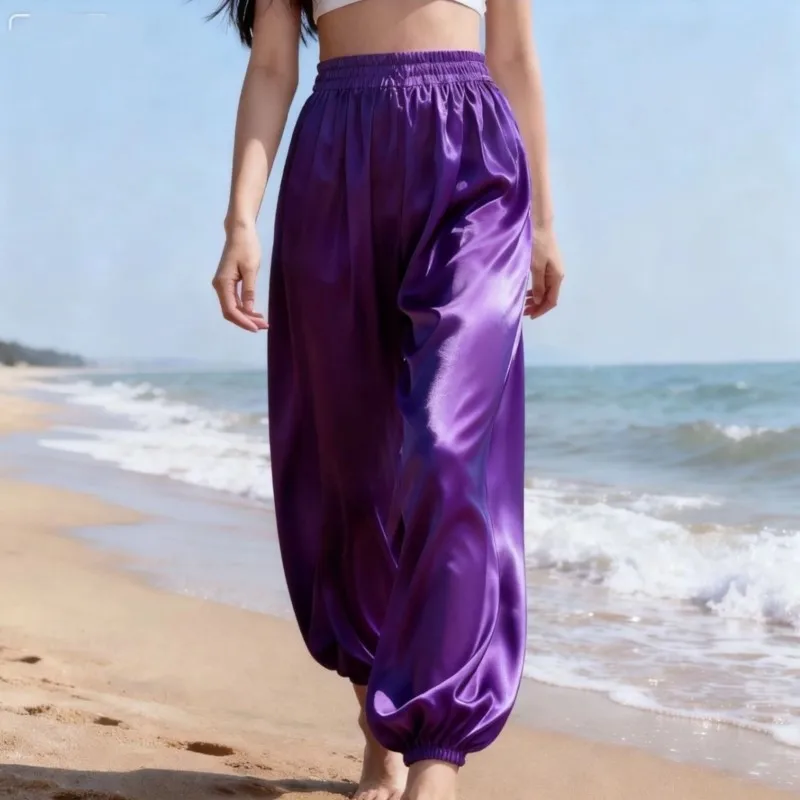 Plus Size Ice Silk Glossy Loose Trousers Soft Silky Elastic Lantern Pants Sleeping Pants Pajamas Unisex Translucent Sports Pants