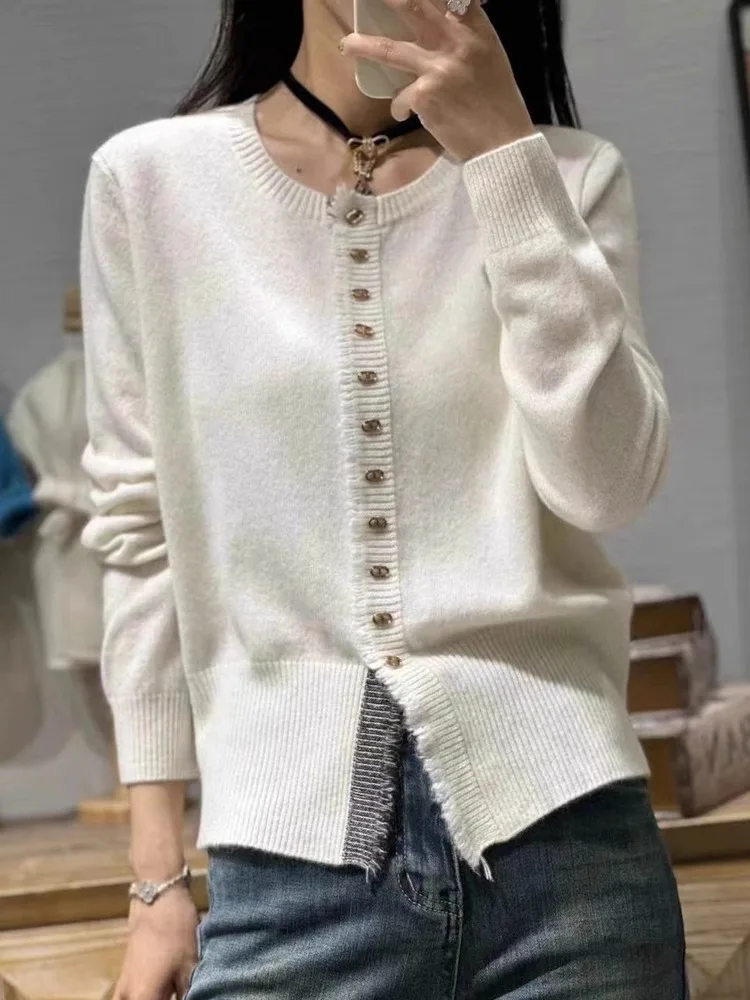 2024 Spring/Autumn New 100% Pure Wool Cardigan Sweater Women\'s Round Neck Cardigan Fashion Knitted Tassel Cardigan Coat Thin Top